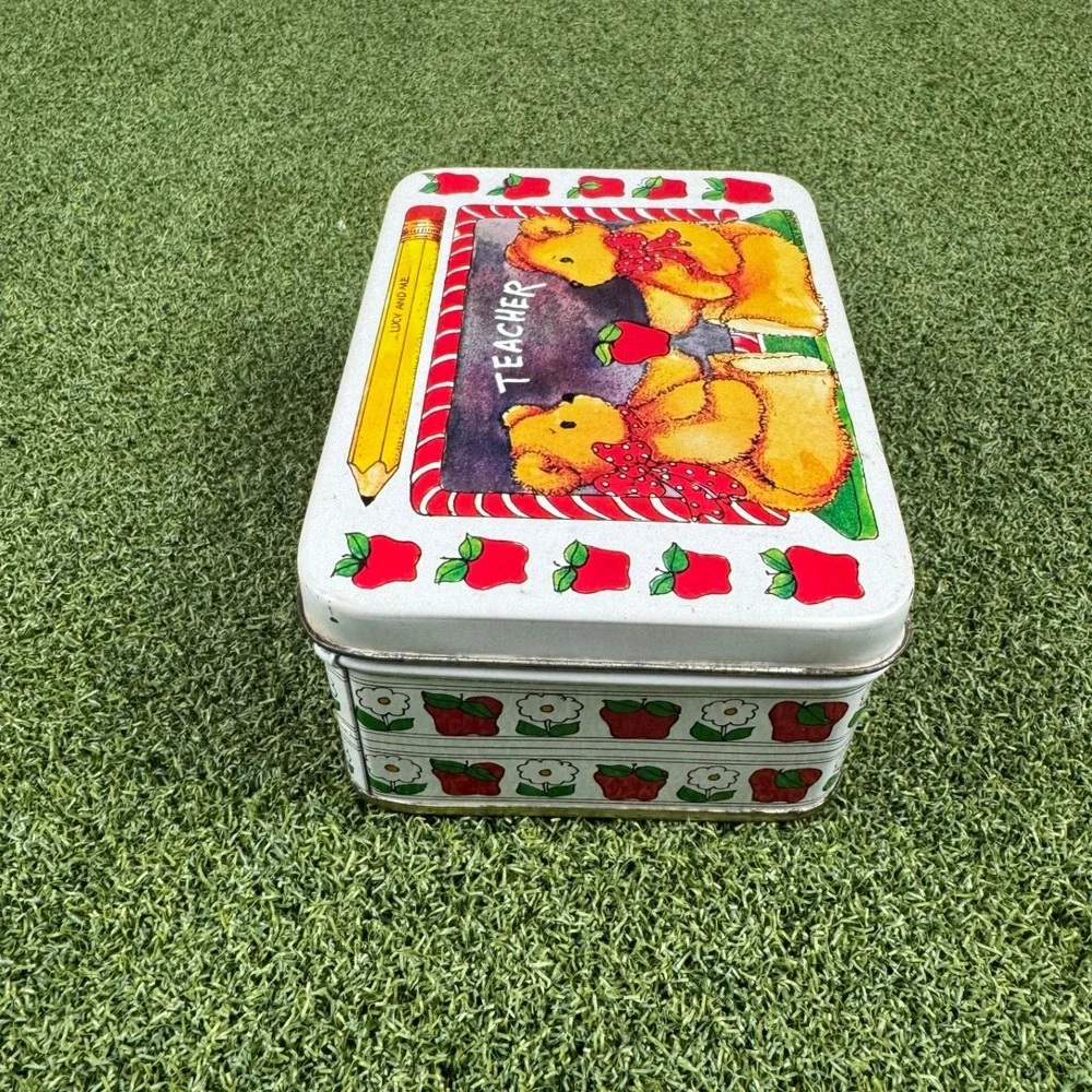 Vintage Enesco Teacher Teddy Bears Tin‎ Box Apple School Decor Storage Case
